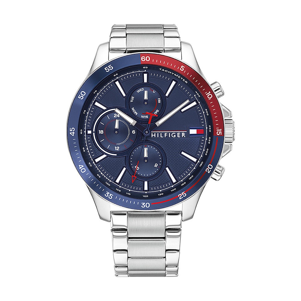 1 - Orologio Tommy Hilfiger Bank Cronografo uomo 1791718 acciaio con ghiera bicolor