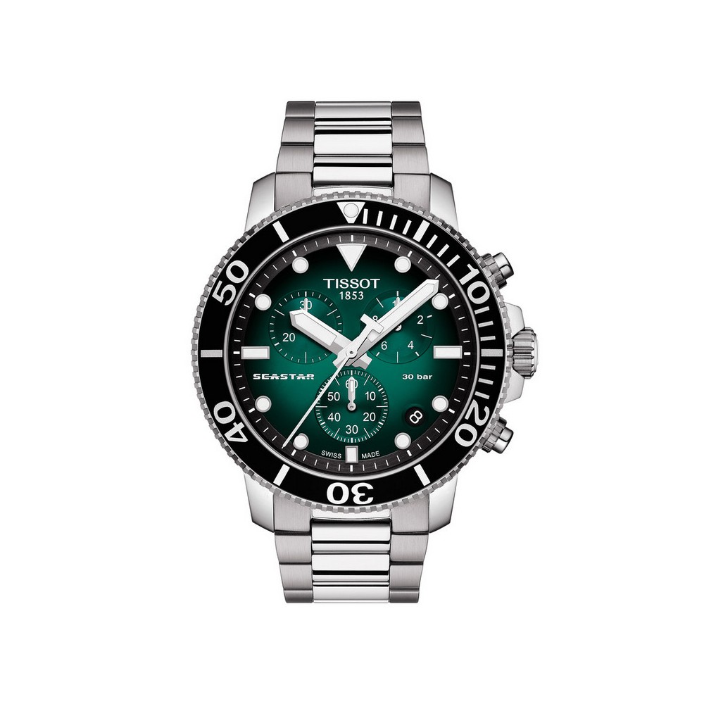 1 - Tissot men's Chronograph Seastar 1000 watch green background steel T120.417.11.091.01