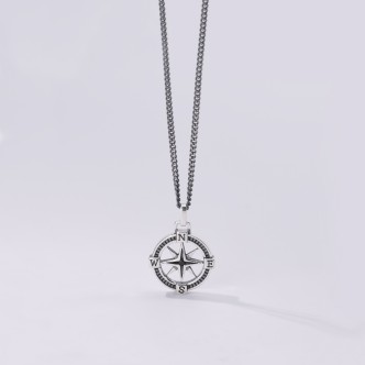 1 - Wind rose man necklace 925 silver with black zircons 553380