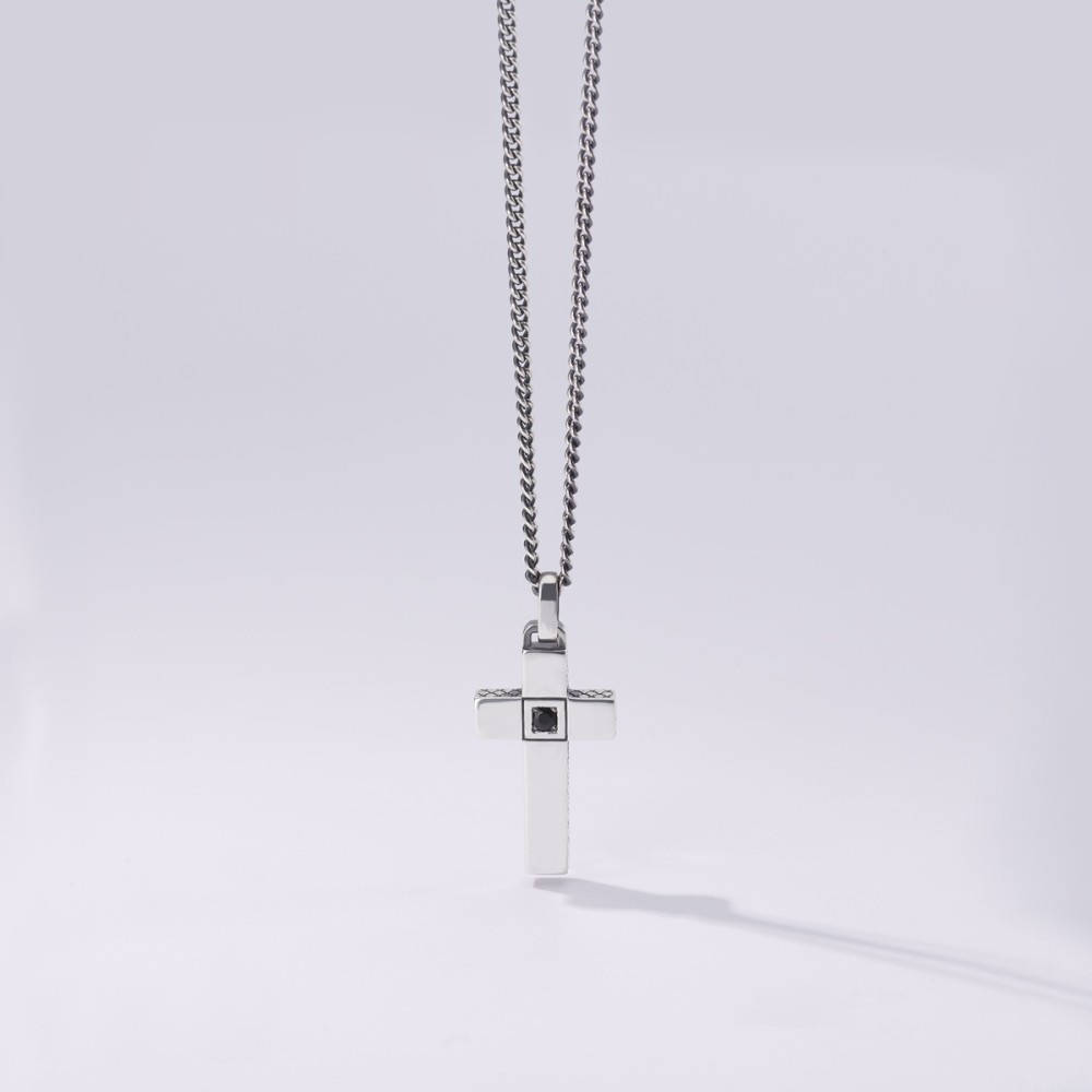 1 - Man cross necklace with black zircons Mabina Silver 925 553386