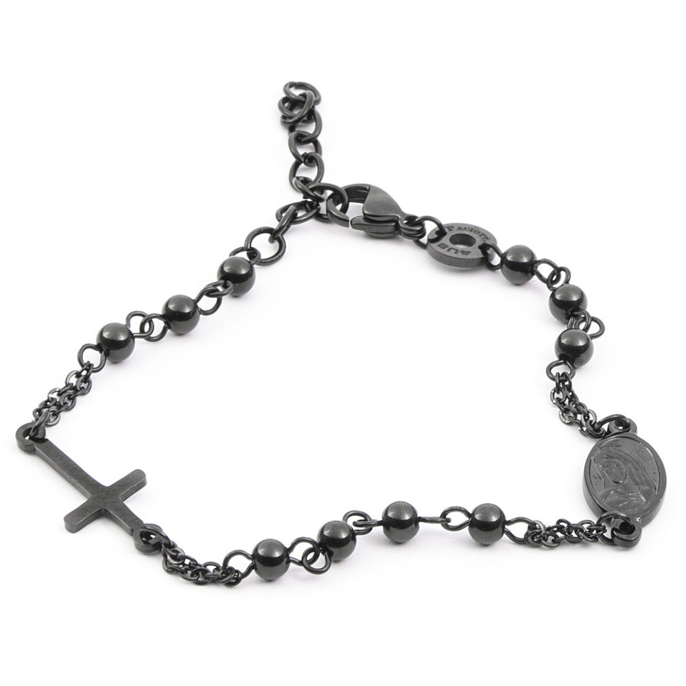 1 - Men's black rosary bracelet 4US Cesare Paciotti cross and medal 4UBR4059