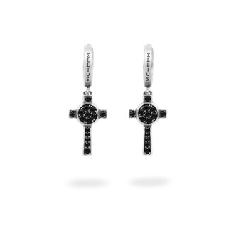 1 - Man Earrings Nativity Cross 925 Silver with black stones