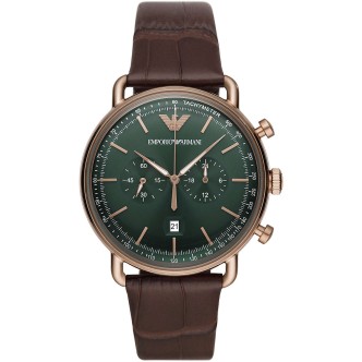 1 - Orologio cronografo uomo Emporio Armani verde e rosato AR11334 cinturino in pelle