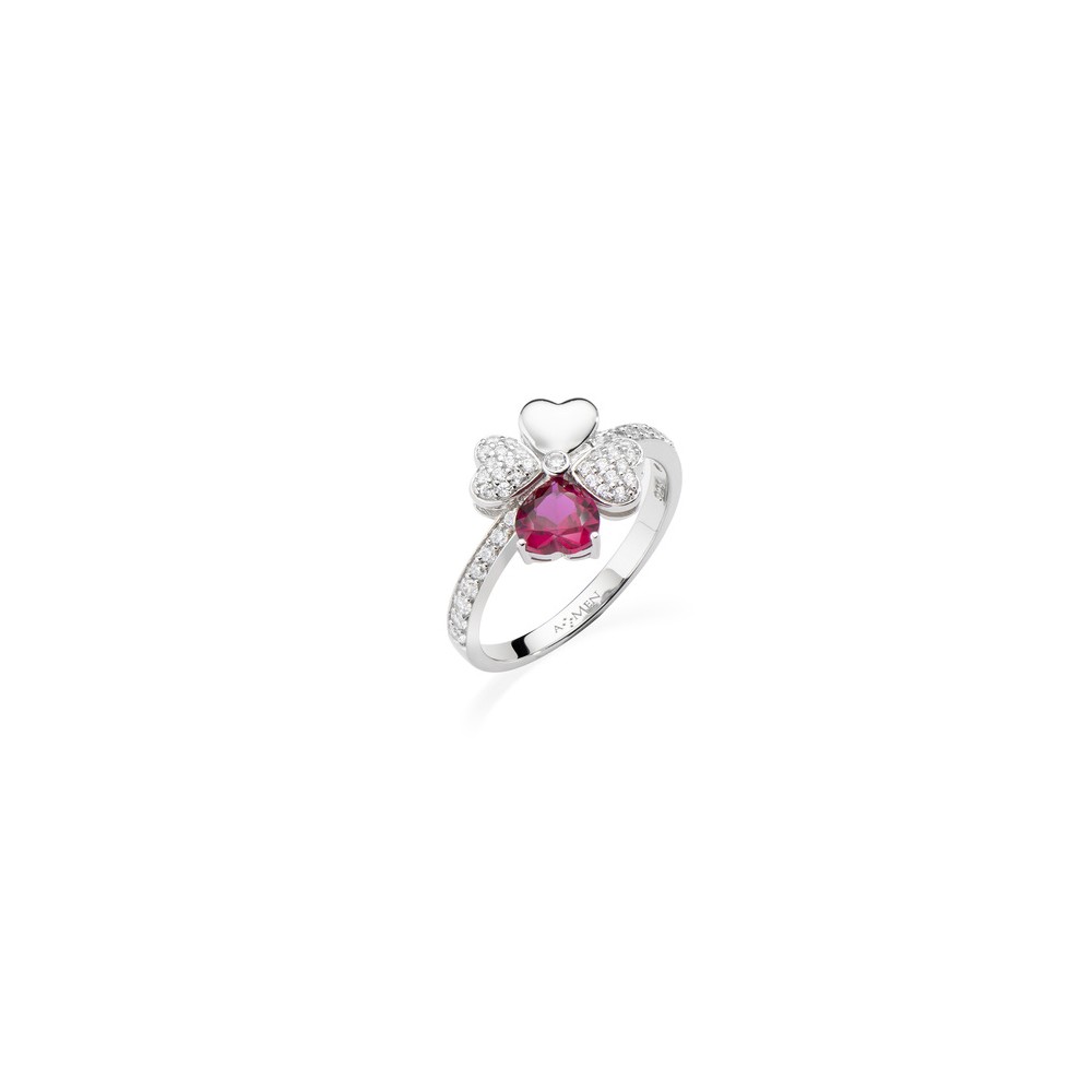 1 - Anello donna cuore e quadrifolgio Amen RQUBR-10 Argento 925 con zirconi mis 10