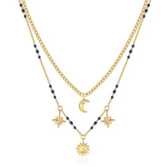 1 - Woman necklace double moon blue enamel steel 316L gold plated Brosway Chant BAH62