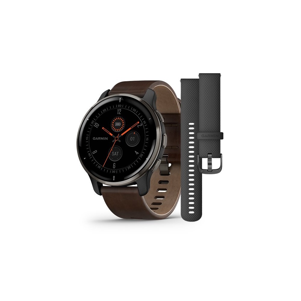 1 - Garmin Venu 2 Plus men's watch Black PVD case 010-02496-15 brown leather strap