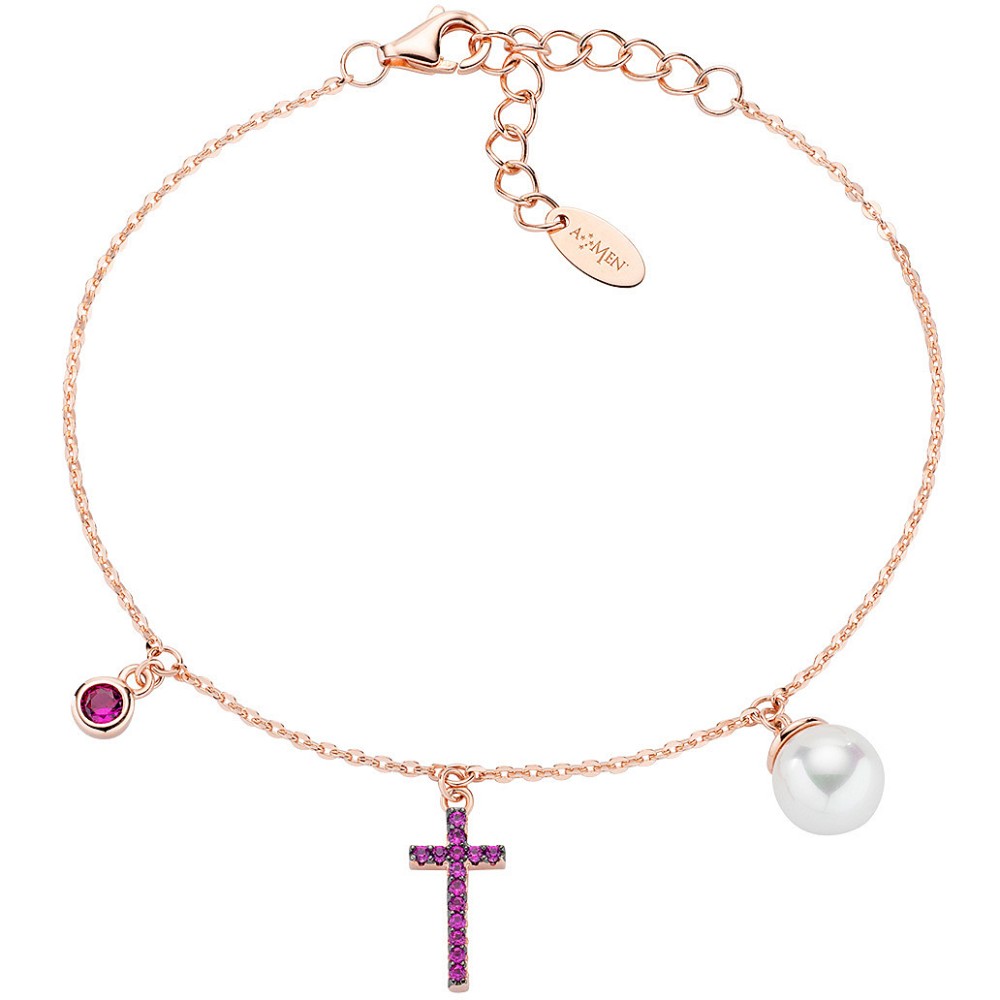 1 - Amen woman's cross and pearl bracelet Silver 925 rosegold BRCRPERRZ