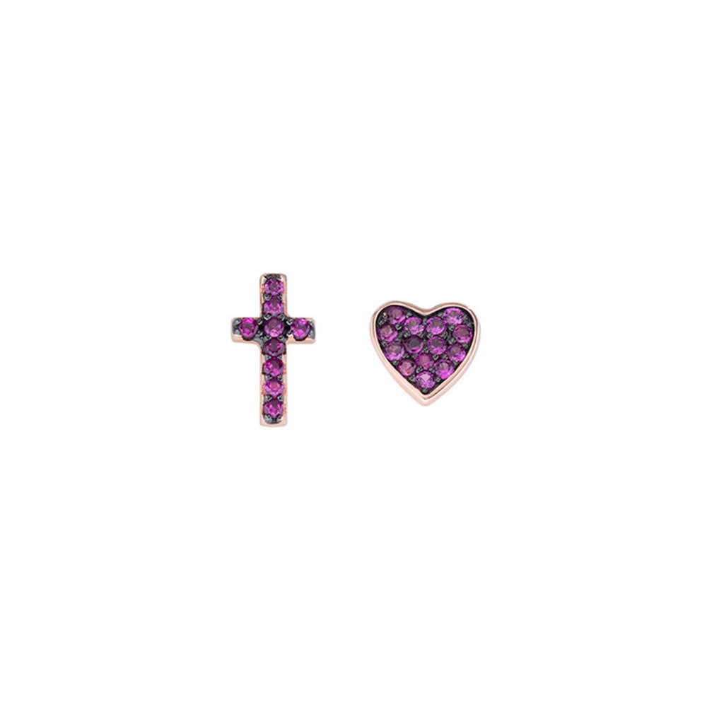 1 - Amen woman earrings cross and heart with purple zircons Silver 925 ECRCURRZ