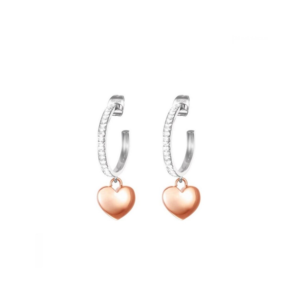 1 - Stroili Lady Chic women's hoop earrings in steel, rosé heart and crystals 1680348