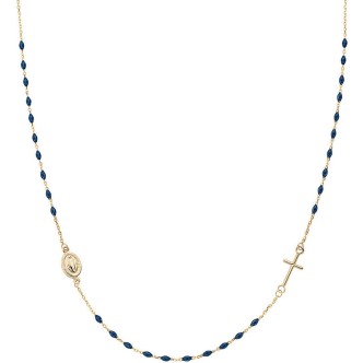 1 - Amen woman necklace 9Kt yellow gold cross and Madonna blue grains AU9CROGBL