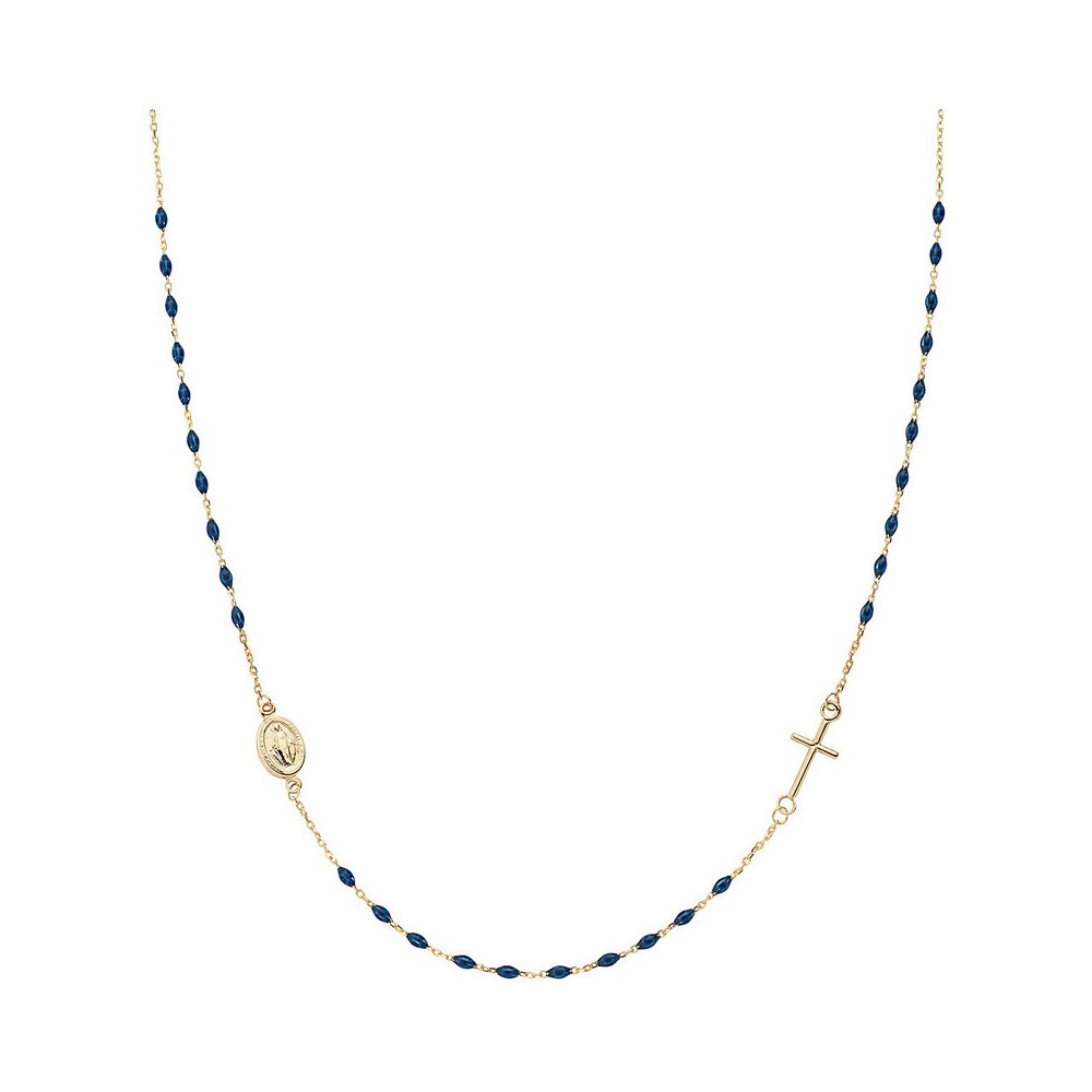 1 - Collana donna Amen Oro Giallo 9Kt croce e Madonna grani blu AU9CROGBL