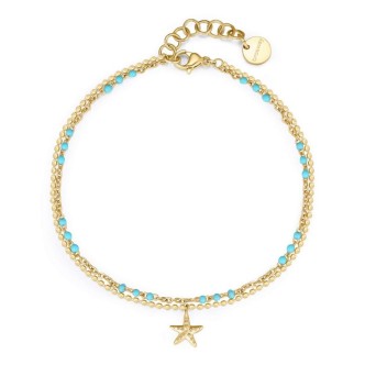 1 - Double strand anklet woman starfish golden steel and turquoise enamel Brosway Chant BAH72