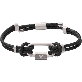 1 - Emporio Armani men's black leather bracelet EGS2796040 steel plate