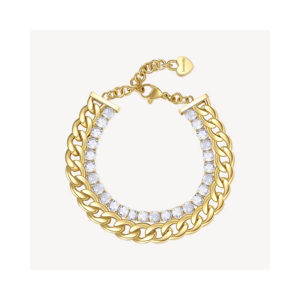 1 - Woman double tennis wire bracelet and groumette chain, golden steel and Brosway Desideri BEI072 zircons