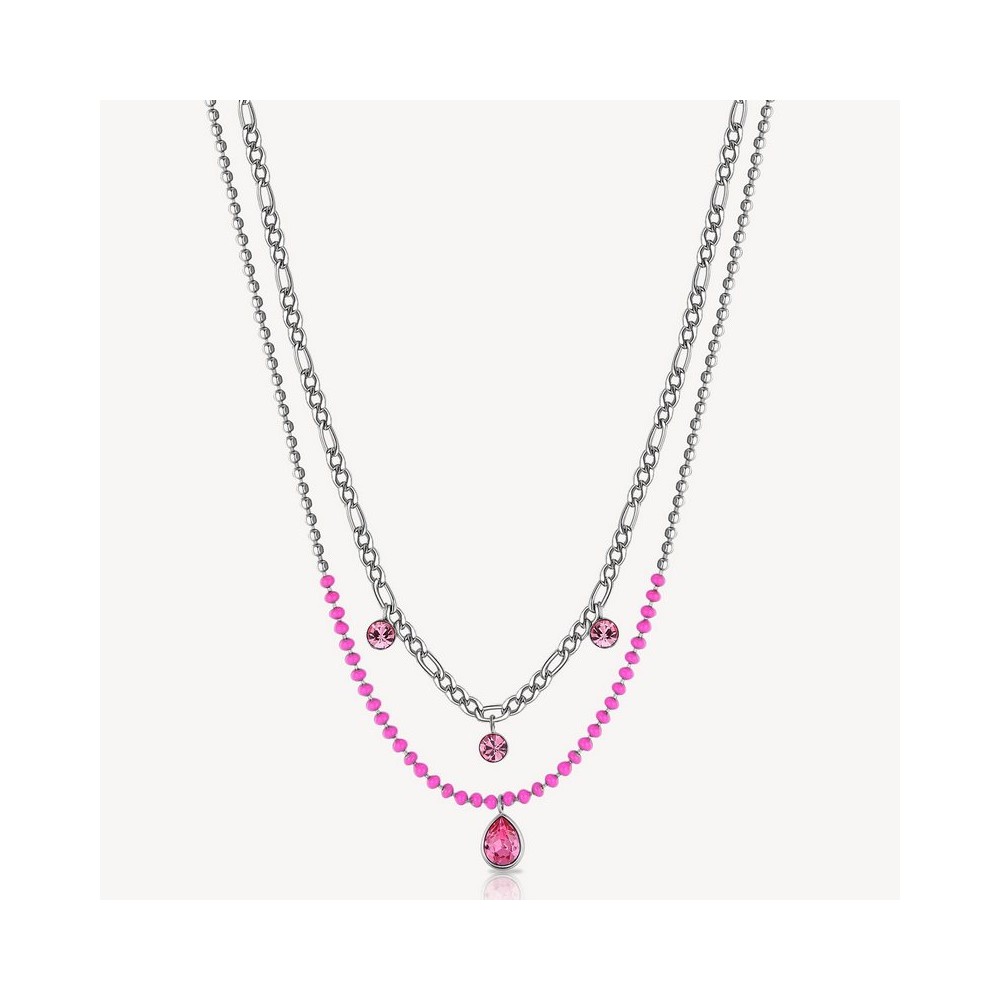 1 - Brosway Symphonia women's double wire necklace Pink enamel steel and crystals BYM113