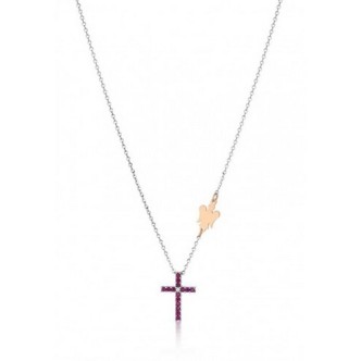 1 - Cross necklace 9 Kt white gold and rubies with angel Roberto Giannotti LUX302R