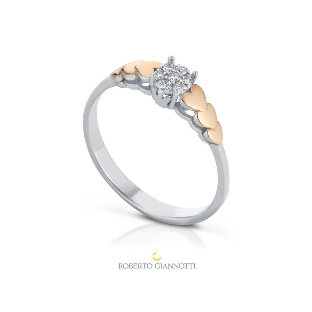 1 - Woman solitaire ring 9Kt white gold and diamonds with pink gold hearts Roberto Giannotti LUX17