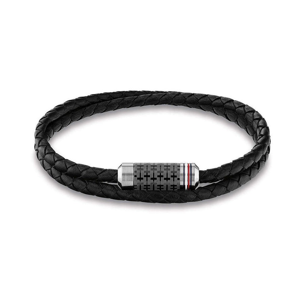 1 - Bracciale uomo Tommy Hilfiger doppio giro pelle nera ed acciaio 2790327S