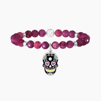 1 - Kidult woman bracelet Mexican skull fuchsia agate 732105 316L steel Symbols collection