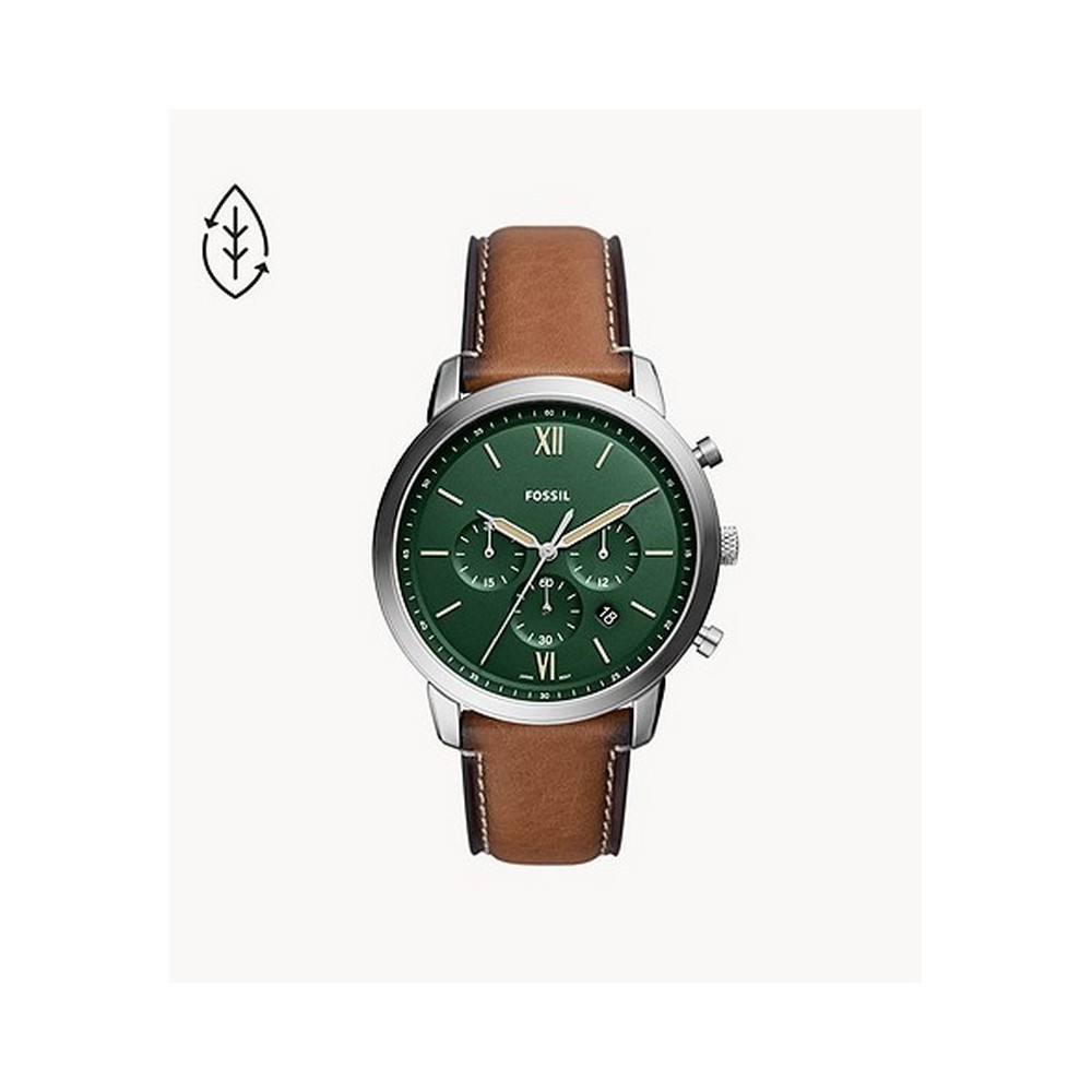 1 - Orologio uomo cronografo Fossil Neutra FS5963 acciaio fondo verde cinturino in pelle