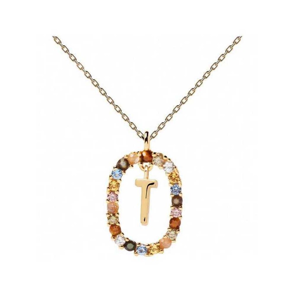 1 - PD Paola woman necklace letter T CO01-279-U 925 silver with multicolor zircons