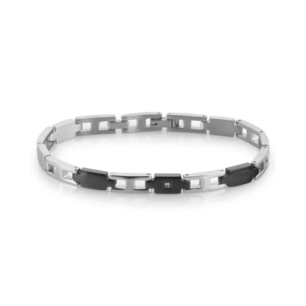 1 - Stroili steel men's bracelet with zircons and black platelets 1624989