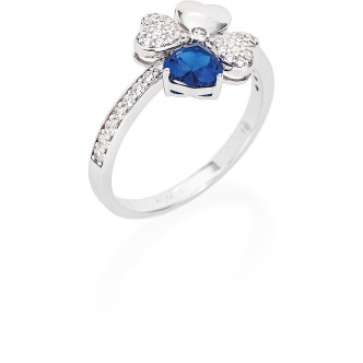 1 - Four-leaf clover and blue heart woman ring Amen RQUBBL-14 925 Silver with zircons, size 14