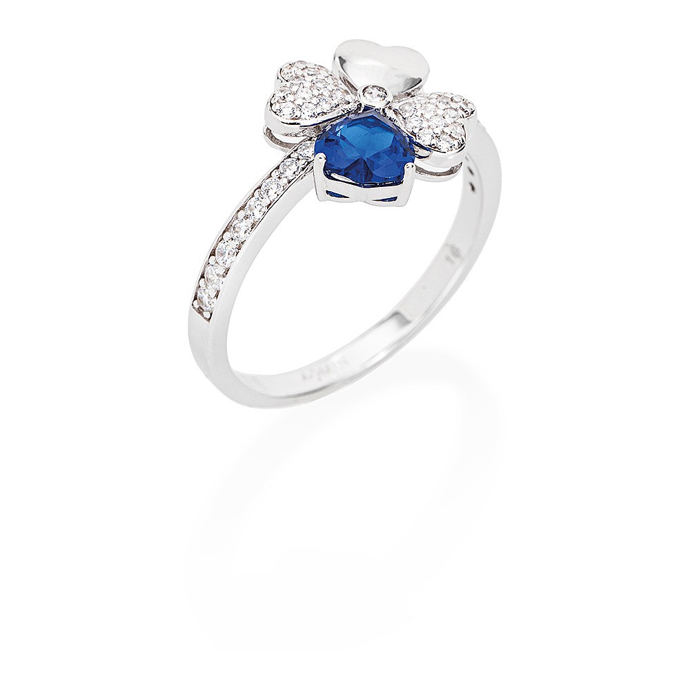 1 - Four-leaf clover and blue heart woman ring Amen RQUBBL-14 925 Silver with zircons, size 14