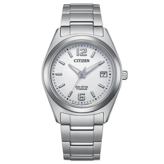 1 - Citizen Super Titanium Eco Drive woman time only watch FE6151-82A steel gray background