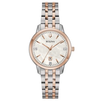 1 - Bulova Sutton Lady bicolor steel and rosé 98P213 mother of pearl woman watch with crystals