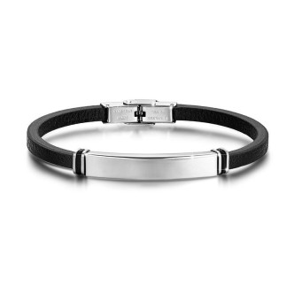 1 - Bracciale Luca Barra BA1046 in cuoio nero con placca in acciaio