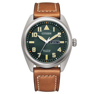 1 - Citizen Super Titanium BM8560-11X men's watch green leather strap