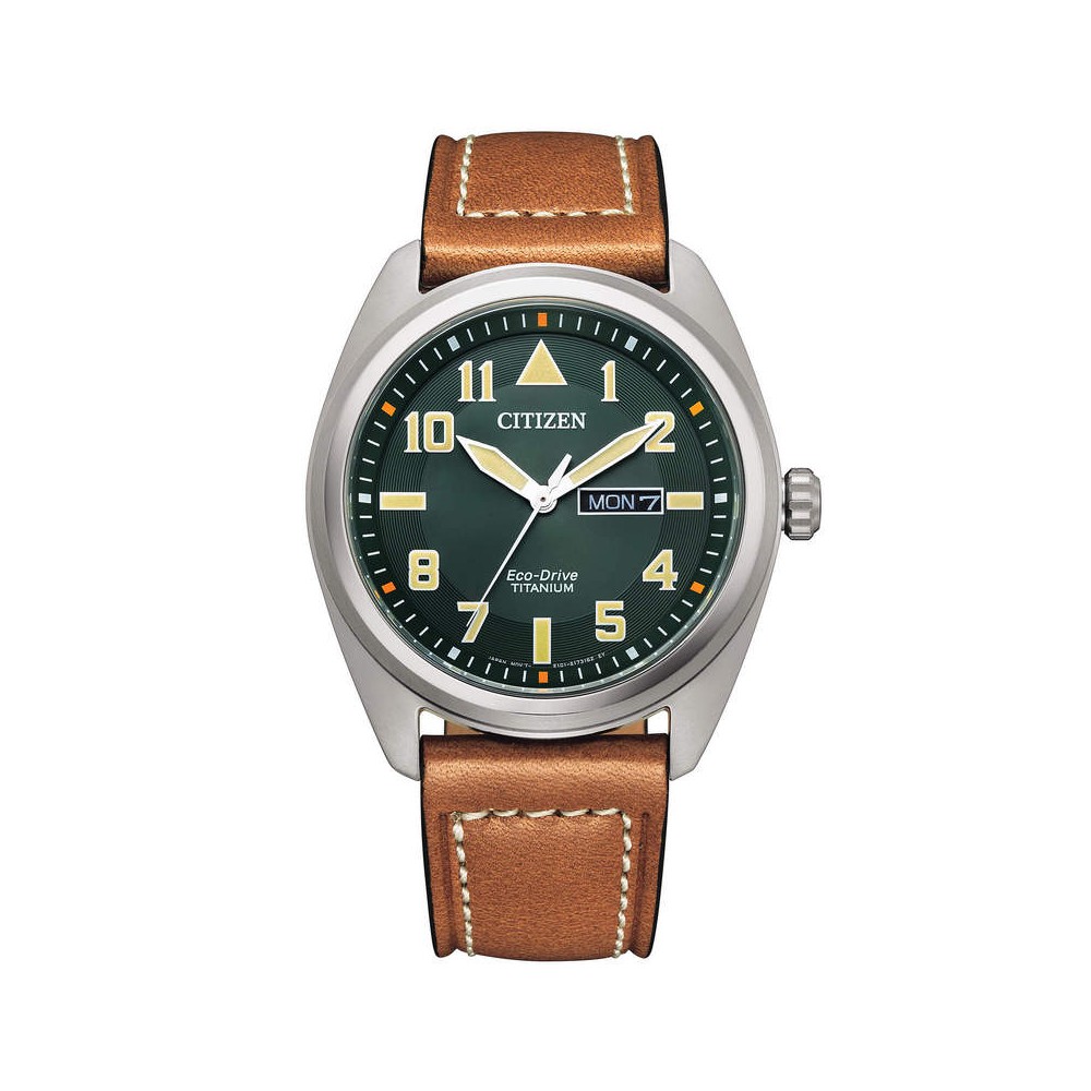 1 - Citizen Super Titanium BM8560-11X men's watch green leather strap