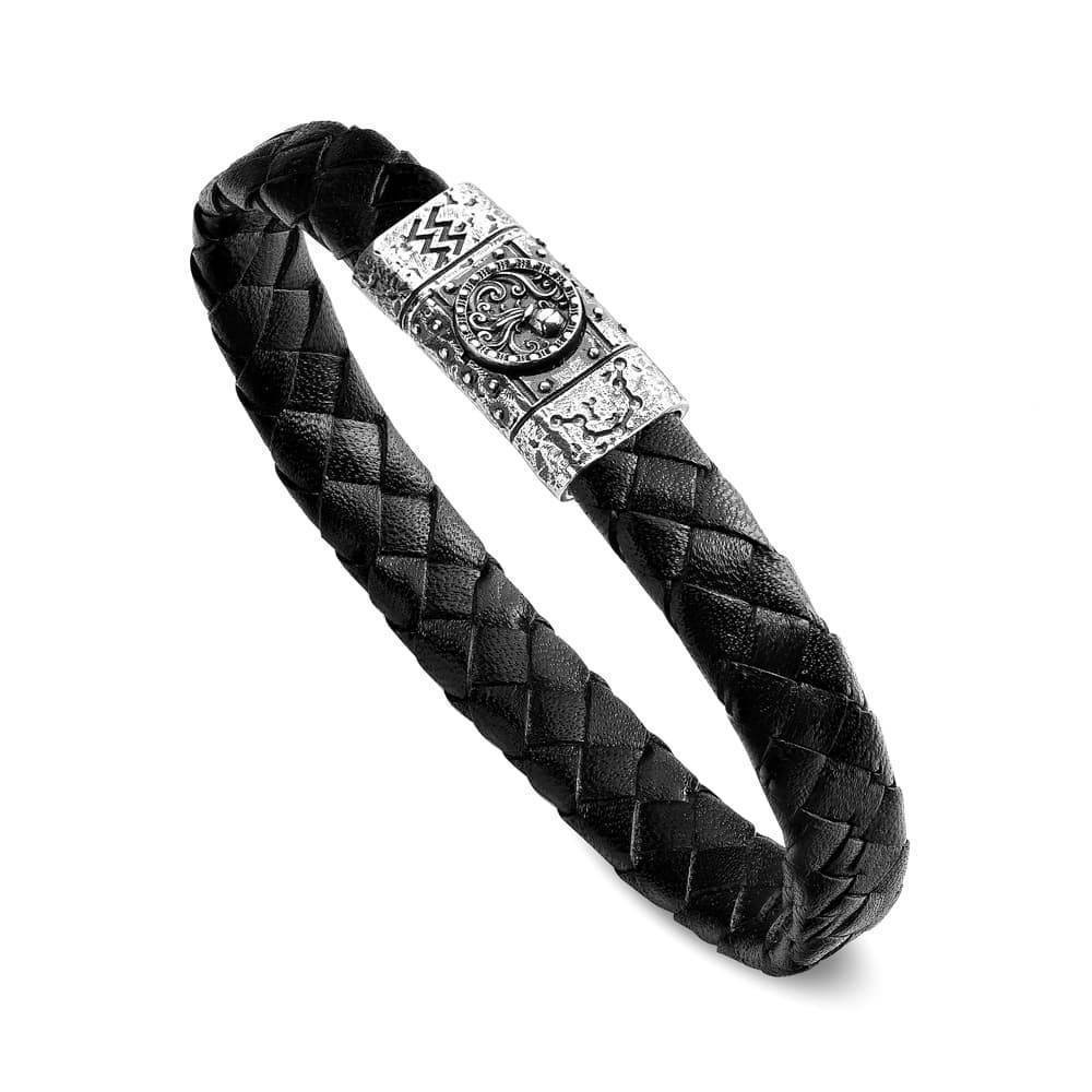 1 - Ellius Zodiac Aquarius man black leather bracelet R1188/L/RV