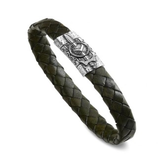 1 - Men's Shield and Sword bracelet in green leather and 925 Silver R1171/L/RV