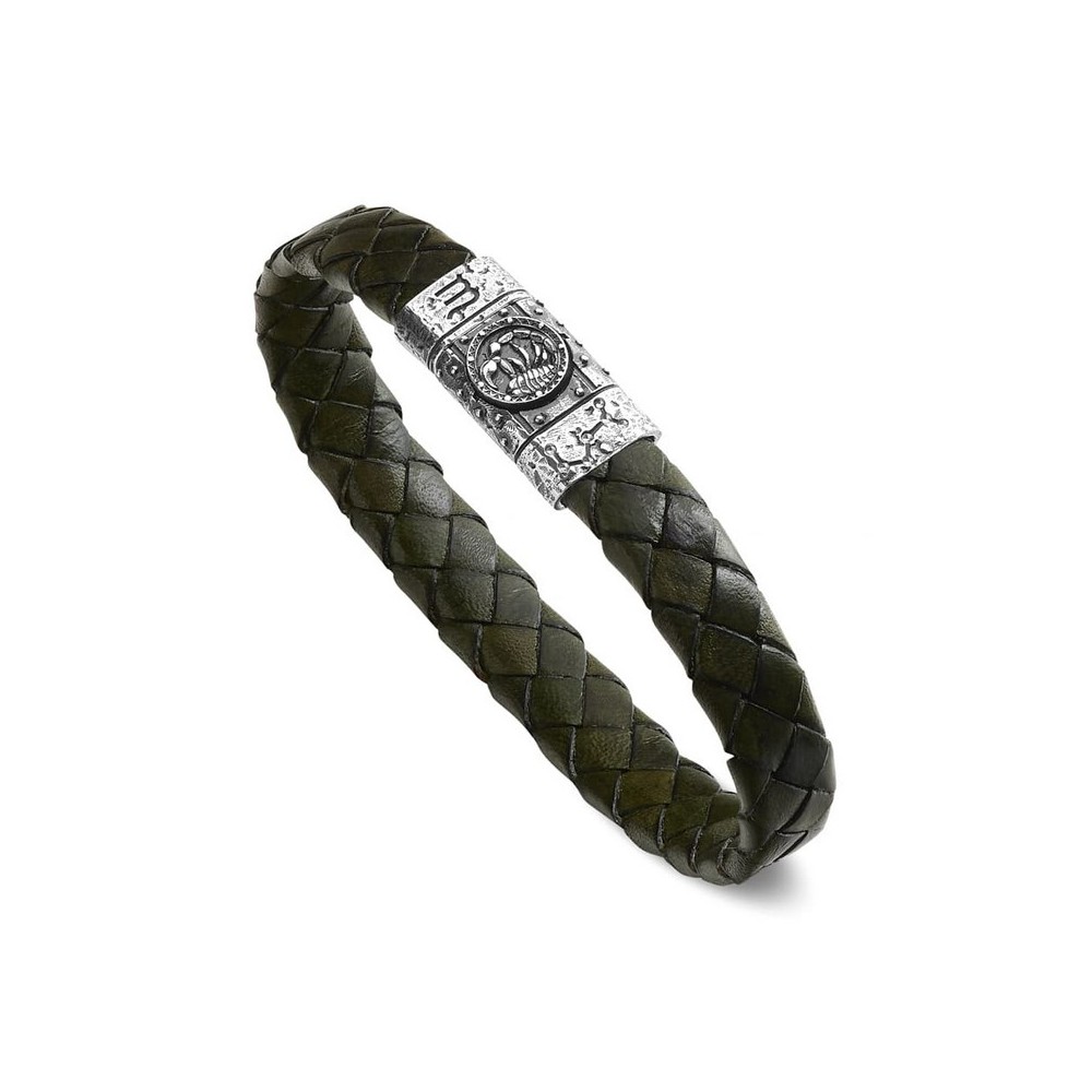 1 - Scorpio men's zodiac sign bracelet in green leather and 925 silver R1185/L/RV