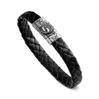 1 - Bracciale uomo segno zodiacale Pesci in pelle nera e Argento 925 R1189/L/RV