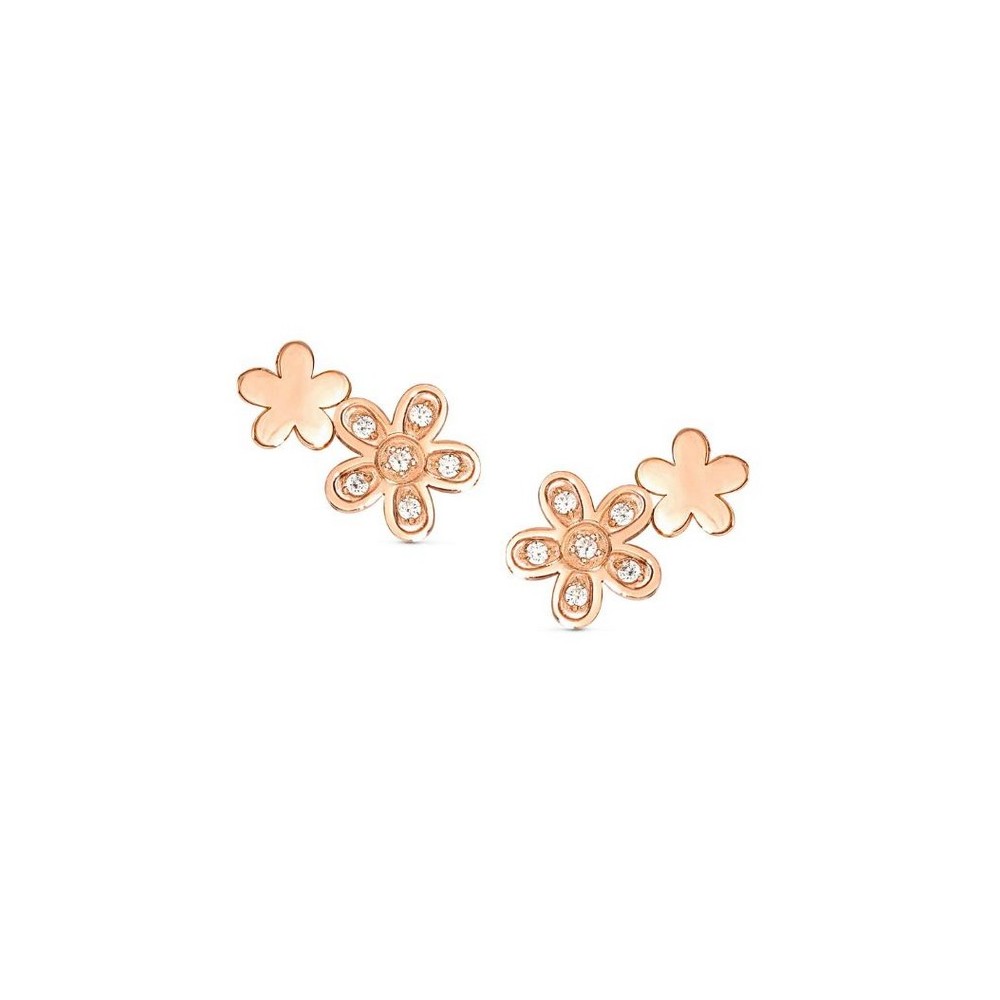 1 - Nominaton women's lobe earrings with flowers and zircons Pink steel 029302/011