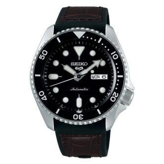 1 - Seiko 5 Sports automatic men's watch, black SRPD55K2, steel, leather strap