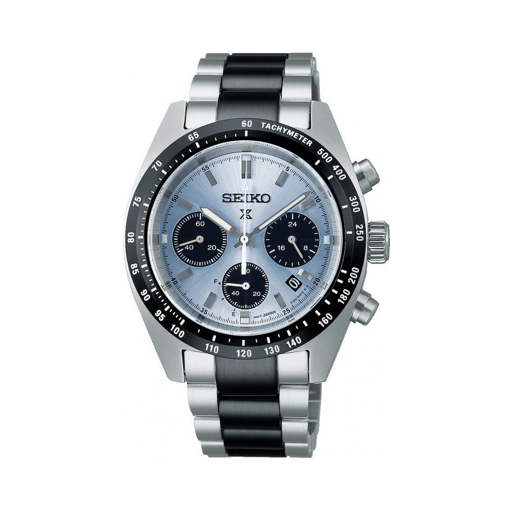 1 - Seiko Speedtimer Solar Chronograph Limited Edition SSC909P1 steel men's watch with light blue mirrored background