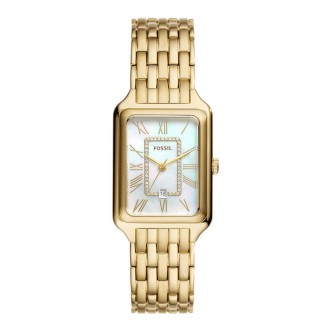 1 - Orologio donna solo tempo Fossil Raquel rettangolare dorato ES5304 acciaio 316L con madreperla