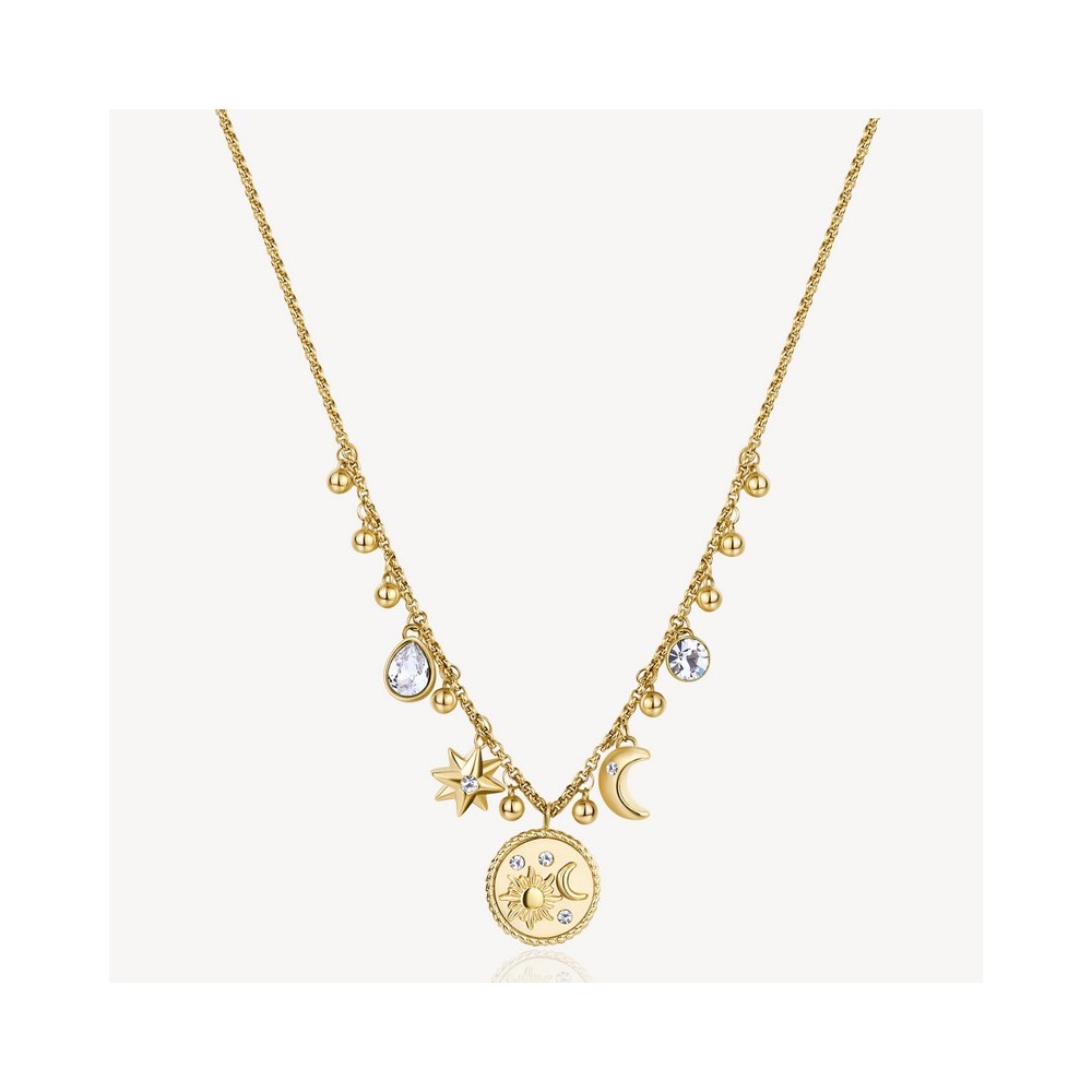 1 - Brosway Chakra BHKN102 316L steel women's golden sun and moon necklace with white pendant zircons.