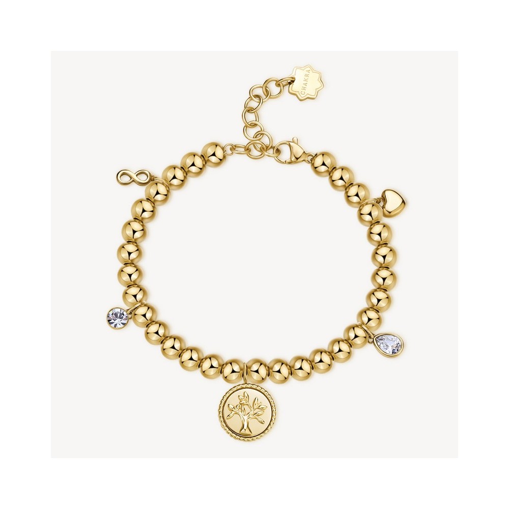 1 - Brosway Chakra BHKB160 316L steel women's golden sphere bracelet with tree of life and white zircons.