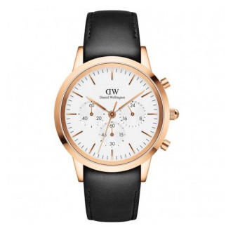 1 - Orologio uomo cronografo Daniel Wellington Iconic Chronograph fondo bianco DW00100646 acciaio rosato cinturino in pelle