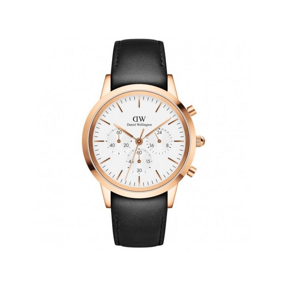 1 - Orologio uomo cronografo Daniel Wellington Iconic Chronograph fondo bianco DW00100646 acciaio rosato cinturino in pelle