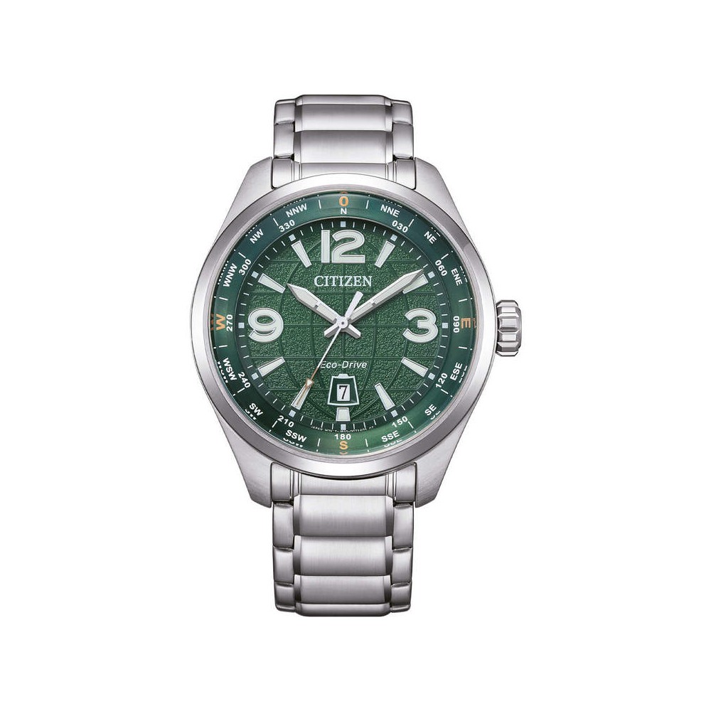 1 - Eco Drive Citizen Urban Traveler AW1830-88X time only men's watch with green steel background