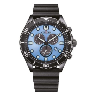 1 - Citizen Sport Chrono AT2567-18L men's chronograph watch, blue background, black steel