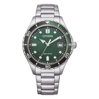 1 - Eco Drive Citizen Marine AW1828-80X time-only unisex watch with steel green background