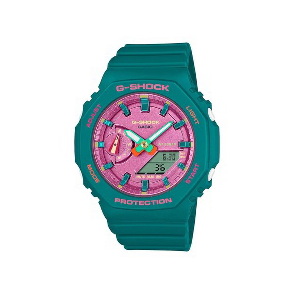 1 - Casio GMA-S pink and green digital woman watch GMA-S2100BS-3AER resin case and strap