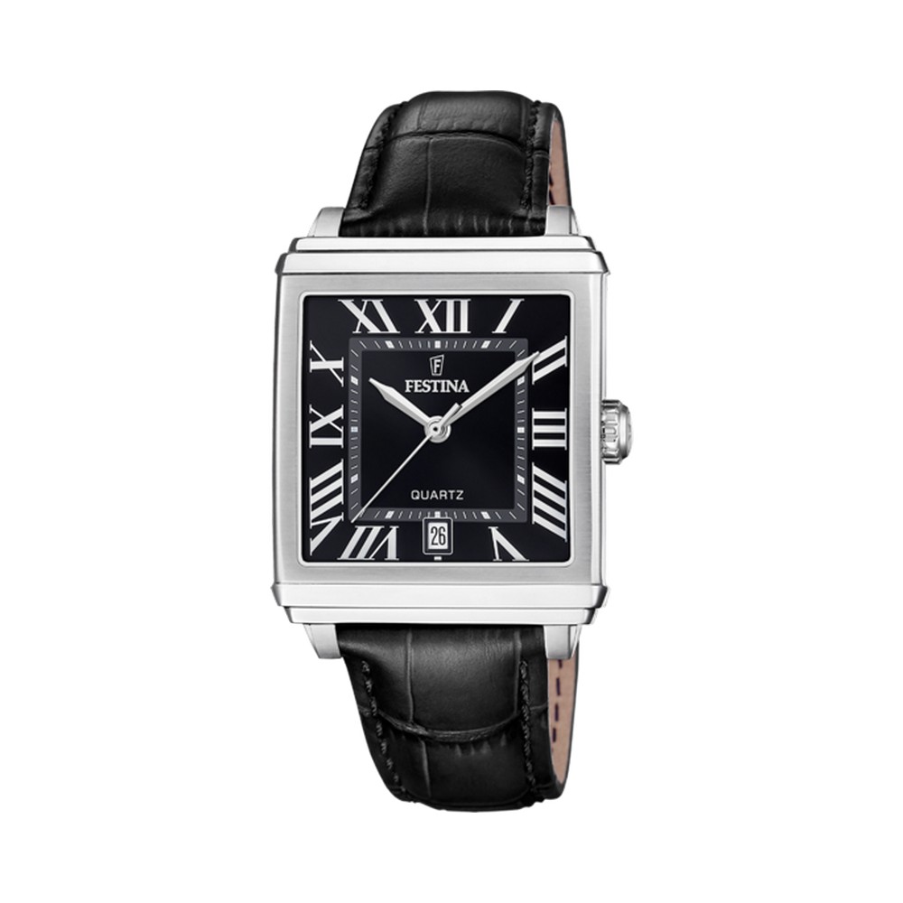 1 - Festina Classic square time only men's watch F20681/3 black background with leather strap